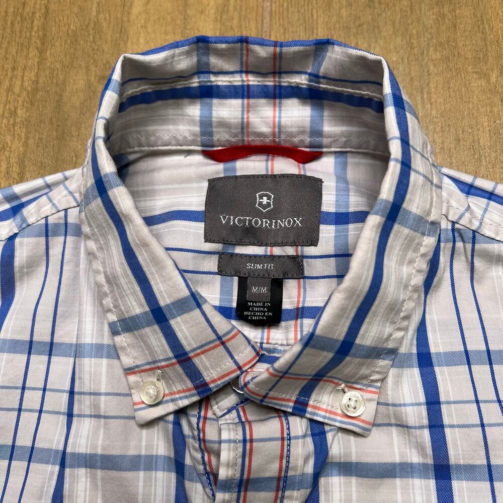 Victorinox Button Down Shirt‎ Men’s Medium Slim Fit Plaid White Blue Long Sleeve - Picture 9 of 10